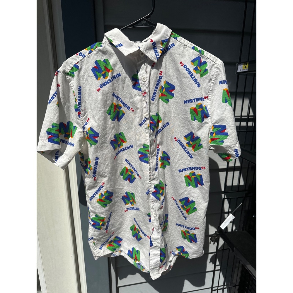 Nintendo 64 Shirt Mens Medium White All Over Print Logo Button Up Short Sleeve